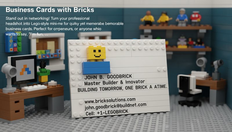 A Lego-style business card showing a tiny brick-person with contact info