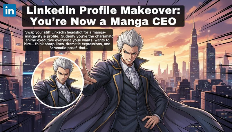 A manga-style LinkedIn profile picture of a business professional with anime-inspired business attire