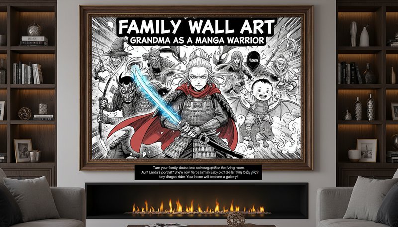 A wall-mounted manga-style family portrait with exaggerated anime features and dynamic poses