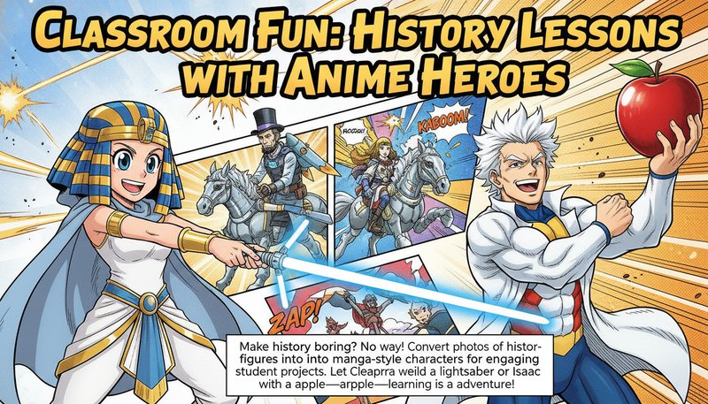 A classroom poster featuring historical figures redrawn in anime style with exaggerated expressions and dynamic poses