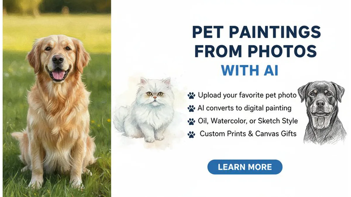 AI pet painting generator converting photos to oil, watercolor, and sketch style digital paintings
