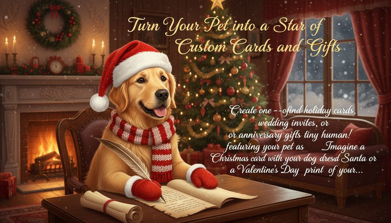 A festive holiday card design with a human-like dog wearing a Santa hat and scarf