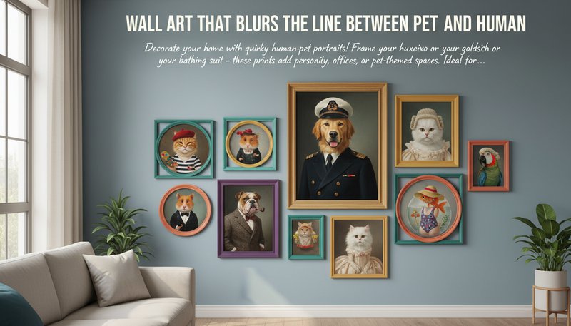 A gallery wall featuring human-like pet portraits in modern, colorful frames