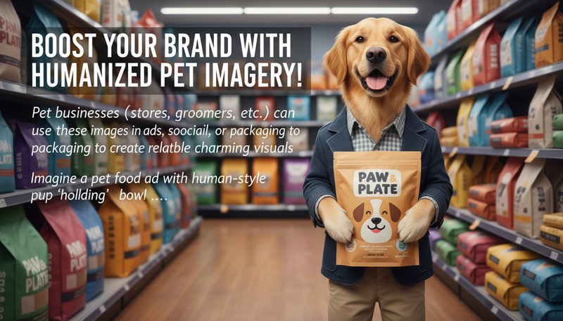 A pet food advertisement featuring a human-like golden retriever holding a bag of treats