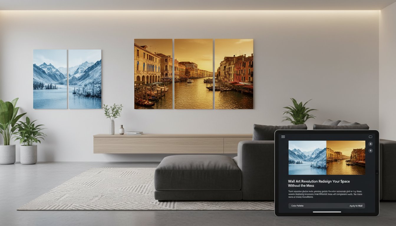 Modern living room with recolored landscape wall art