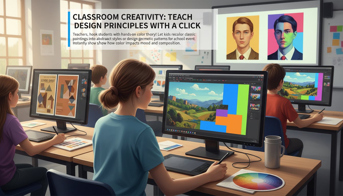 Student recoloring a digital painting in a classroom setting