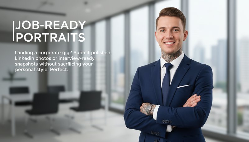 A professional portrait with tattoos erased, ready for job applications or corporate networking