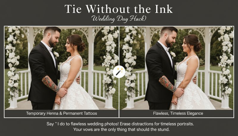 A wedding couple's photo where tattoos are gently removed, leaving smooth skin for formal portraits
