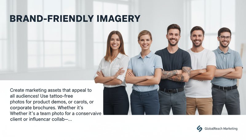 A sleek business ad featuring a team photo with tattoos removed for a universally relatable brand image