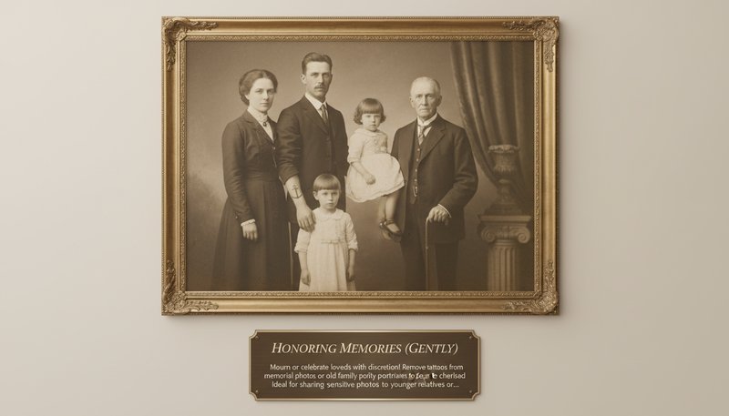 A vintage-style family portrait with tattoos subtly erased for a timeless and respectful tribute
