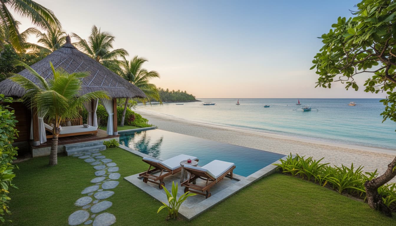 Text-free tropical beach photo transformed into a luxury rental ad