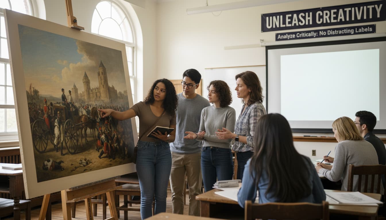 Students analyzing a text-free historical painting in an art class