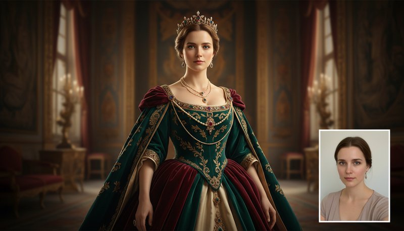 Royal Portrait Generator: Before and after comparison showing a woman transformed with rich royally-toned color palette