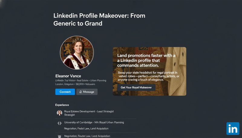 A LinkedIn profile mockup showing a professional photo transformed into a polished royal portrait with a subtle crown detail.