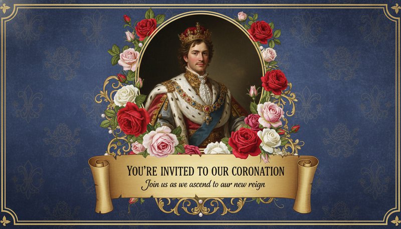 A wedding invitation design with a couple’s royal portrait surrounded by roses and a ‘You’re Invited to Our Coronation’ headline.