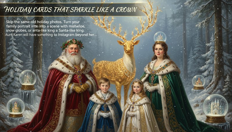A holiday-themed royal portrait with a family dressed in winter cloaks and a golden reindeer in the background.
