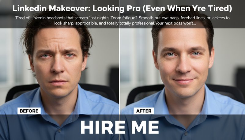 LinkedIn profile comparison: before (wrinkled shirt, tired eyes) vs. after (smooth, confident) with ‘HIRE ME’ text overlay.