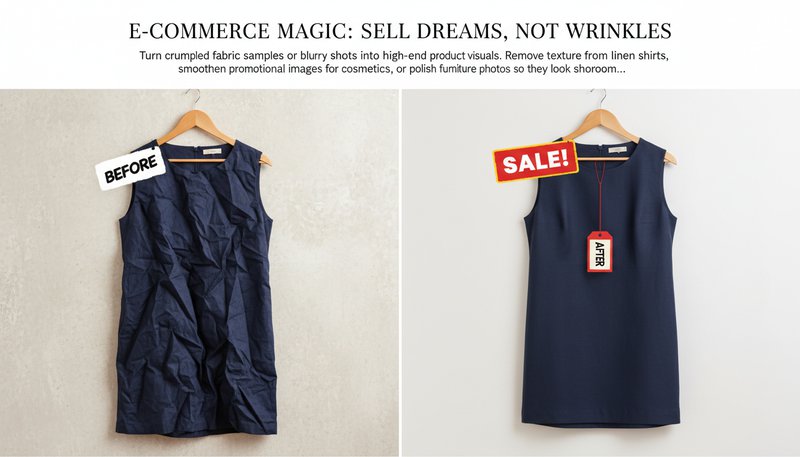 Side-by-side e-commerce product images: a rumpled dress vs. a sleek, wrinkle-free version with a ‘Sale!’ tag.