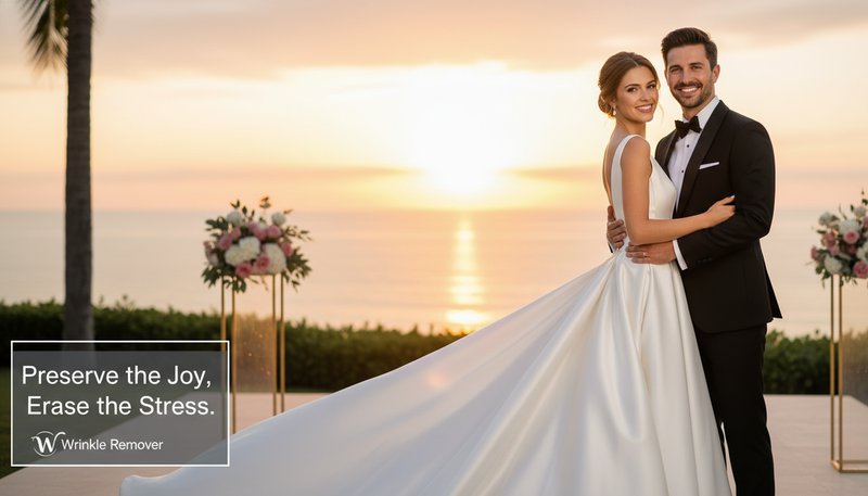 Wedding photo with a bride’s gown transformed from slightly crumpled to silky-smooth against a sunset backdrop.