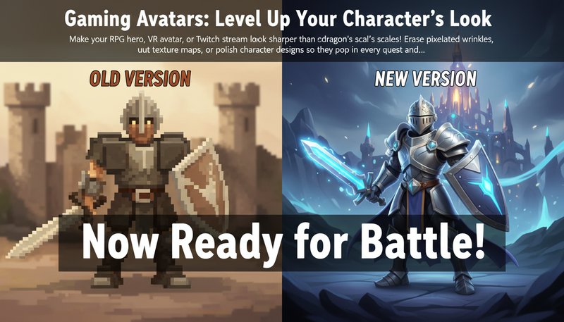Side-by-side gaming avatars: a pixelated knight vs. a sleek, smooth version with bold text: ‘Now Ready for Battle!’