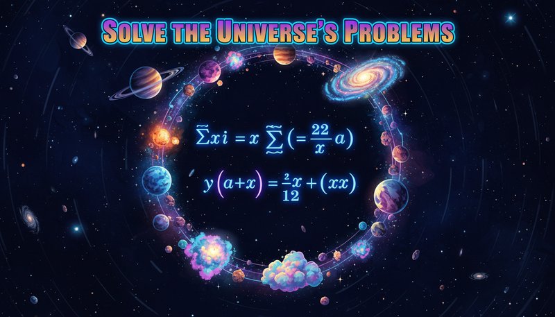 A math problem surrounded by glowing stars and planets, with text that reads 'Solve the Universe's Problems' in bold, colorful letters.