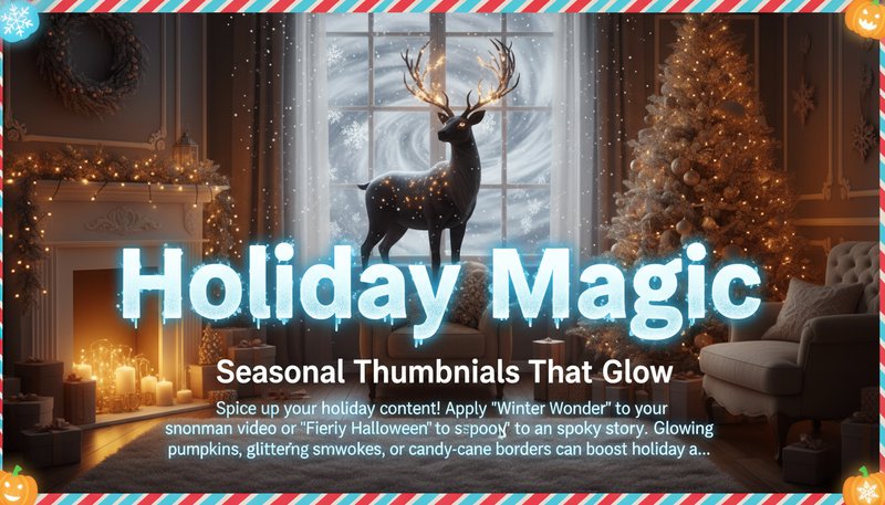 A cozy living room scene transformed into a glowing winter thumbnail with falling snow, a giant glowing 'Holiday Magic' text, and a festive reindeer silhouette.